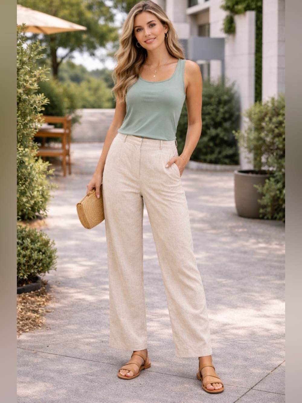 H&M • Linen Cream Wide-Leg Pants W18” R10” I30”